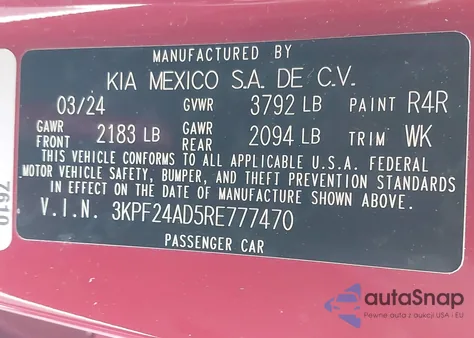 2024 Kia Forte Lxs z USA, uszkodzony, nr VIN 3KPF24AD5RE777470